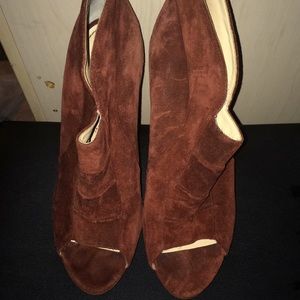 Suede peep toe booties by Jerome Rousseau